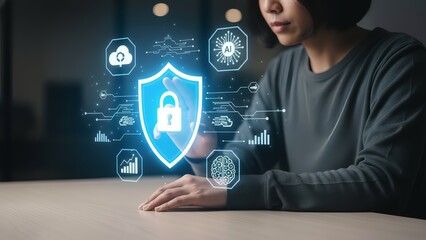 Person interacting with digital security shield and icons