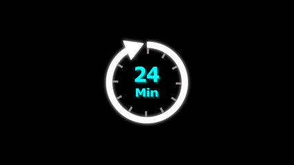 24 Min clock icon illustration. 24 minute illustration on black background and creating a stunning 4k illustration.