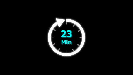 23 Min clock icon illustration. 23 minute illustration on black background and creating a stunning 4k illustration.