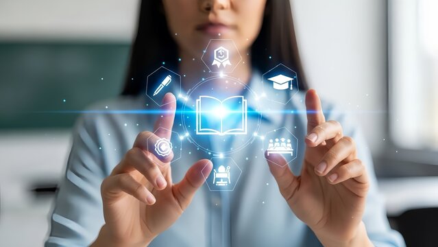 Woman interacting with digital education icons on touchscreen interface - Powered by Adobe
