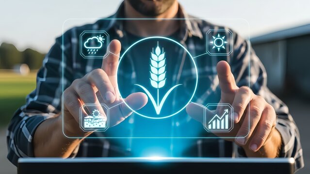 Man using digital tablet with agricultural technology interface outdoors - Powered by Adobe