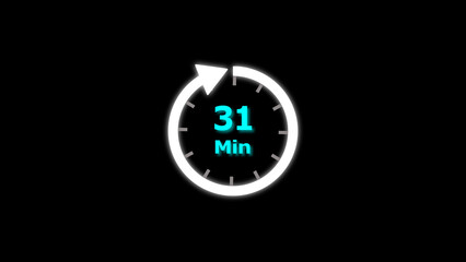 31 Min clock icon illustration. 31 minute illustration on black background and creating a stunning 4k illustration.