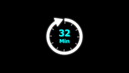32 Min clock icon illustration. 32 minute illustration on black background and creating a stunning 4k illustration.
