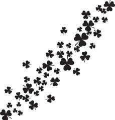 Scattered black shamrock leaves on a white background