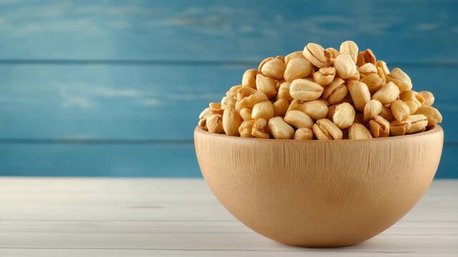 Bowl filled with roasted peanuts placed on a wooden table with a blue wall background in a kitchen setting