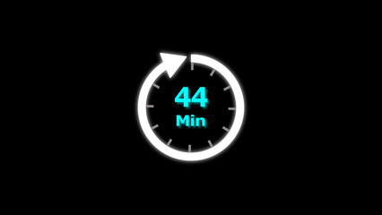 44 Min clock icon illustration. 44 minute illustration on black background and creating a stunning 4k illustration.