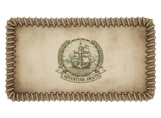 Obraz premium Vintage adventure awaits sign with ship on burlap background