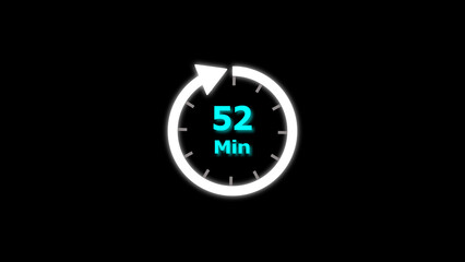 52 Min clock icon illustration. 52 minute illustration on black background and creating a stunning 4k illustration.