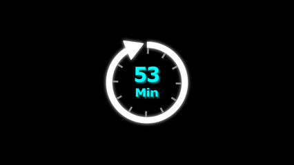 53 Min clock icon illustration. 53 minute illustration on black background and creating a stunning 4k illustration.