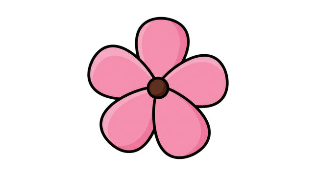 A simple pink flower with five petals and a brown center designed in a cartoonish style for cheerful decoration