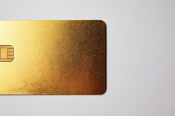 Gold scratch off card with metallic texture and embedded chip on white background, symbolizing luxury, security, and exclusivity in financial or promotional contexts