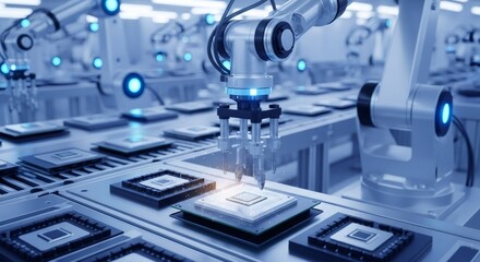 Robotic arm assembling microchip on circuit board for semiconductor integrated smart factory automation. Advanced precision manufacturing for future technology.