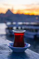 Turkish Tea Photo in Front of Istanbul Symbol Galata Tower, Galata Tower Beyoglu, Istanbul Turkiye (Turkey)