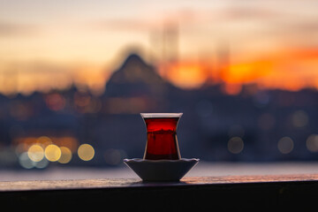 Turkish Tea Photo in Front of Istanbul Symbol Galata Tower, Galata Tower Beyoglu, Istanbul Turkiye (Turkey)