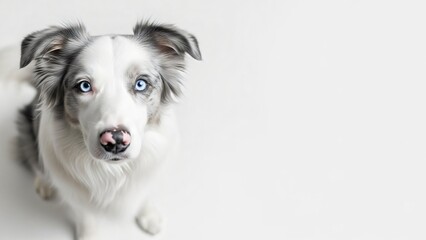 Cute dog looking up with intense blue eyes, isolated on white with large negative space, perfect for veterinary banners, pet food advertisements, or training flyers