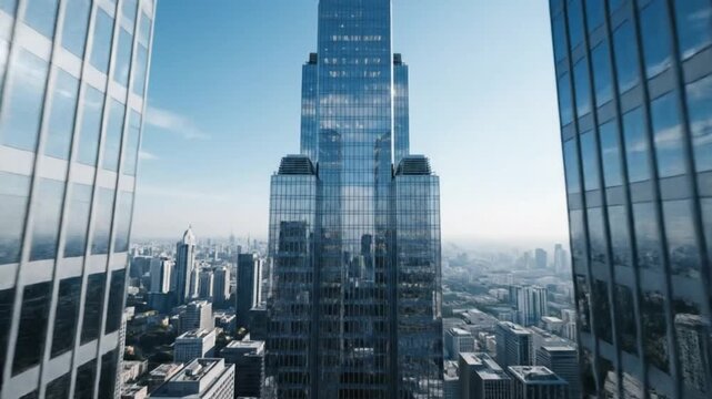 Aerial view of a modern cityscape with sleek skyscrapers and glass buildings
