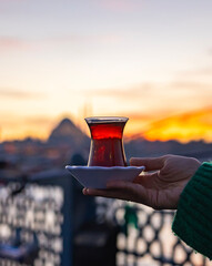 Turkish Tea Photo in Front of Istanbul Symbol Galata Tower, Galata Tower Beyoglu, Istanbul Turkiye (Turkey)