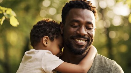 Loving Father Hugging Young Child Outdoors in Soft Sunlight Celebrating Fathers Day Emotional Family Bond and Parenthood Affection