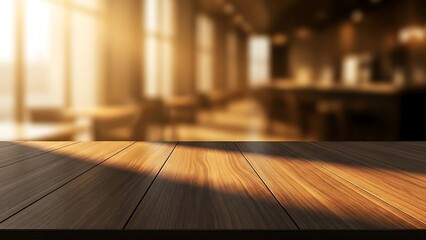 Empty Wooden Cafe Table at Golden Hour with Dramatic Light & Bokeh | Cozy Restaurant Interior for Text Overlay