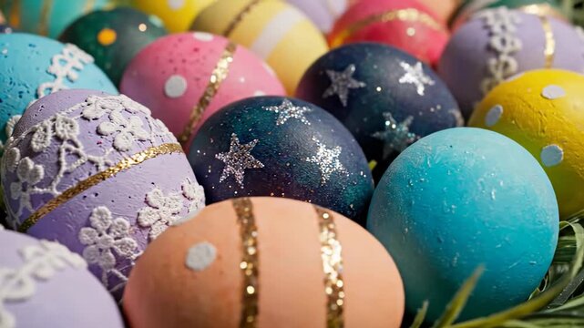 A beautiful close-up features a vibrant collection of intricately decorated eggs, showcasing a diverse array of pastel and deep hues. Each egg boasts unique designs, from delicate white raised pattern