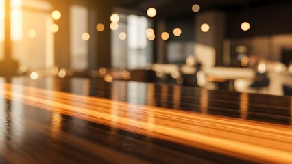 Empty Wooden Cafe Table at Golden Hour with Dramatic Light & Bokeh | Cozy Restaurant Interior for Text Overlay