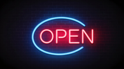 Vibrant neon open sign on dark brick wall at night