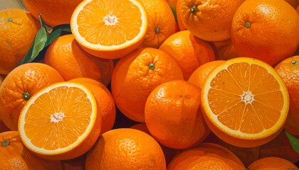 A close-up shot shows a vibrant pile of oranges, some sliced open, revealing their juicy segments. The scene is bright and colorful