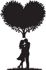 Couple embracing under a heart shaped tree silhouette
