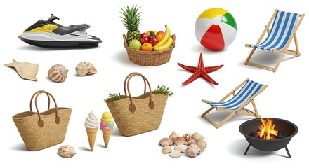 Collection of summer beach vacation essentials including a jet ski, beach chairs, and tropical fruits