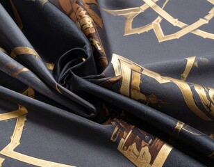 Soft, dark fabric with golden geometric patterns, draped folds and swirls