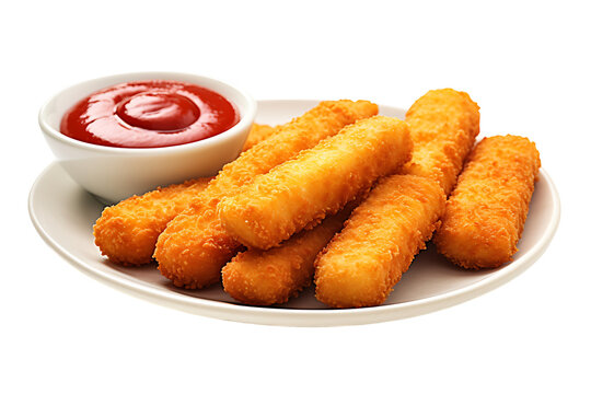 Golden breaded chicken nuggets or fish fingers served on a plate with tomato ketchup dip isolated on transparent background