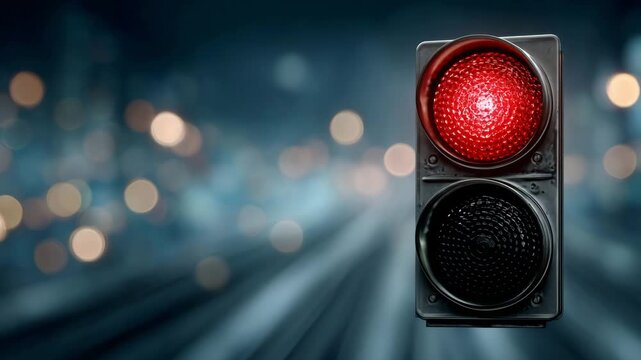 Traffic signal shows red light in a city street during nighttime with blurred lights in the background