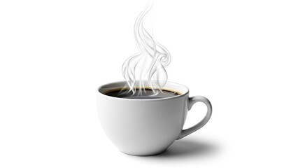 A steaming hot cup of coffee in a white mug on a plain white background with rising vapor
