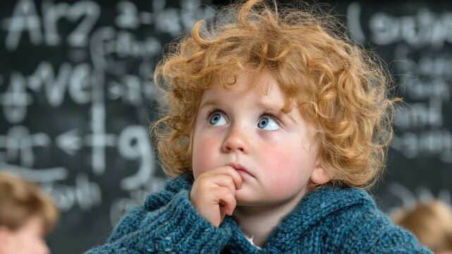 Curly-haired child looks up thoughtfully in classroom during study session with chalkboard visible in background