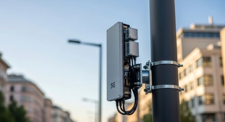 5G antenna on a street light pole for modern urban connectivity. Next generation wireless infrastructure and telecommunication network.