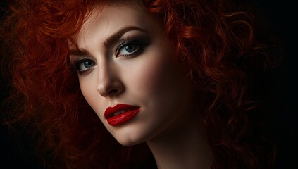 Fototapeta premium Dramatic Fashion Portrait of Woman with Red Curly Hair and Bold Makeup