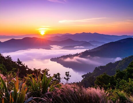 Sunrise over mountain range and lake with soft, colorful clouds and mist - Powered by Adobe