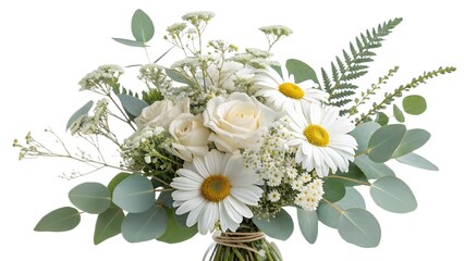 Rustic White Rose and Daisy Bridal Bouquet with Eucalyptus and Baby's Breath