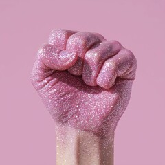 Glittering Pink Fist on Pastel Background