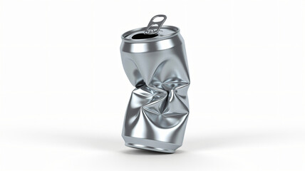 Crushed aluminum can in metallic silver finish with dramatic lighting on white background for packaging design