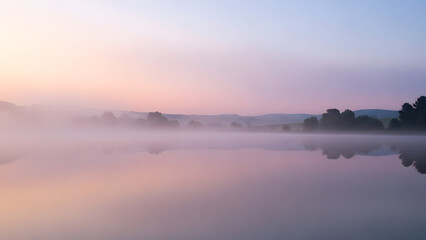Fototapeta premium Tranquil Misty Lake at Sunrise or Sunset with Pastel Sky Reflection