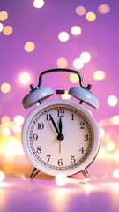 A close-up of a white alarm clock, the hands showing five minutes to twelve, set against a soft, bokeh background