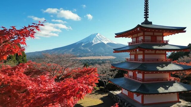 A majestic mountain landscape with a traditional pagoda and vibrant red foliage in the foreground