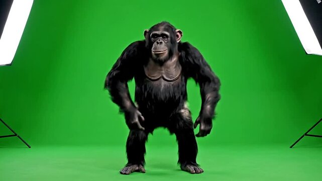 Smiling chimpanzee dancing in studio with green screen background