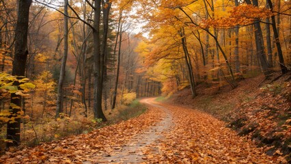 Fototapeta premium A serene forest path covered in autumn leaves