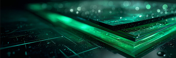 Green layers on surface. Glass material with light refraction and bokeh. Technology background for circuit and energy concepts. Design for sustainability and innovation 2026 trend. Image macro.