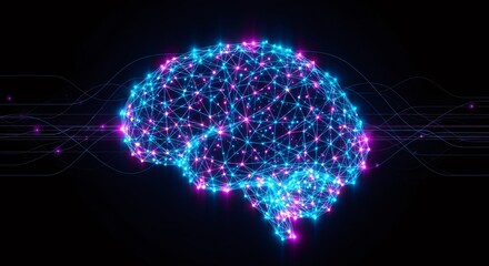 Human brain represented as a glowing network of connected neurons for artificial intelligence or neuroscience concept. Digital technology for thought process.
