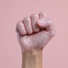 Glittering Pink Fist on Pastel Background