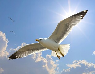 A close-up of a white seagull with its wings spread soaring high in the blue sky. The sun is shining brightly behind it