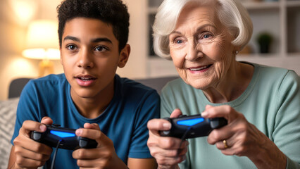 Grandmother and Grandson Playing Video Games Together at Home